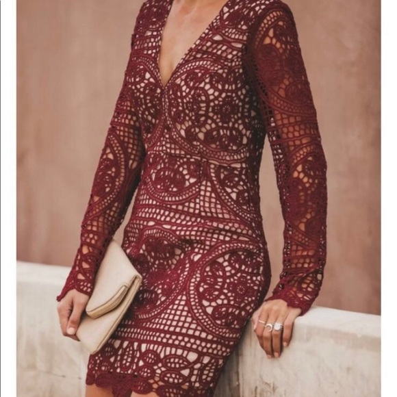 New Vici burgundy red wine long sleeve crochet lace cocktail mini dress size S - Picture 5 of 10